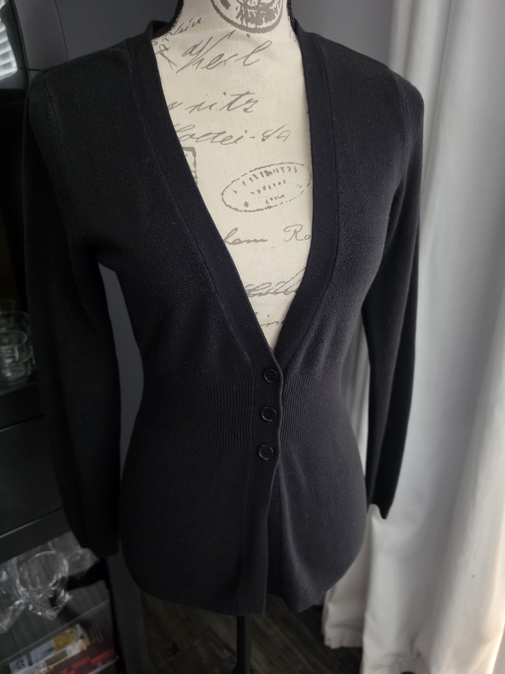 New York & Company Timeless Black V-Neck 3-Button Cardigan